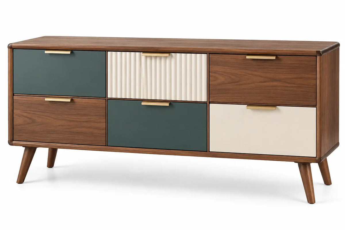 Cassettiera, sei cassetti con frontali a contrasto, marrone/beige/verde