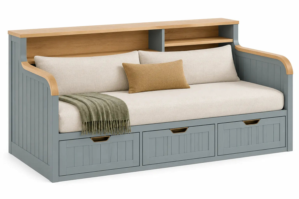 Panca, ripiani nello schienale e tre cassetti inferiori, blu/marrone/beige