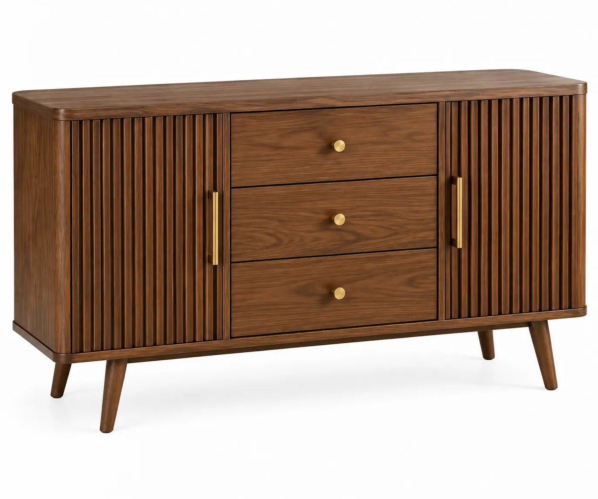 Credenza, ante scanalate e tre cassetti centrali, marrone