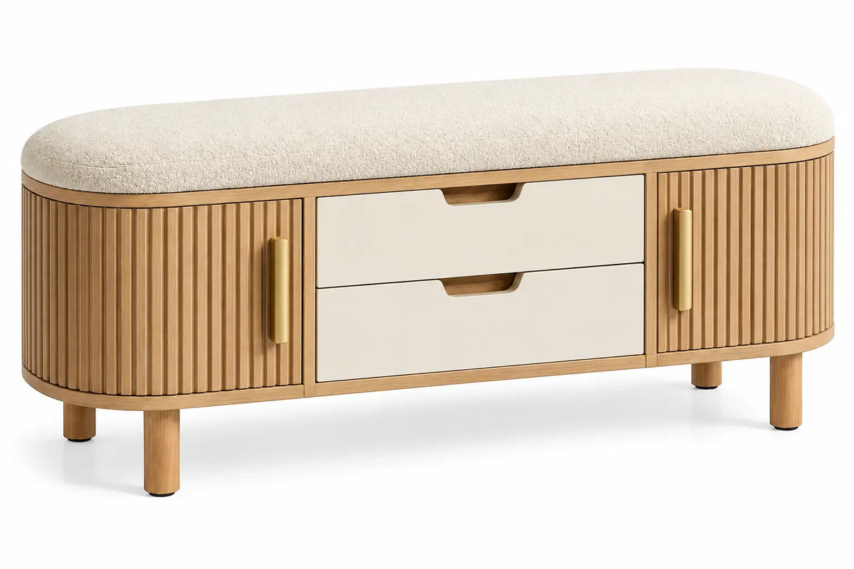 Panca, ante scanalate e due cassetti centrali, marrone/beige