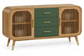 Credenza, ante a listelli e tre cassetti centrali, marrone/verde