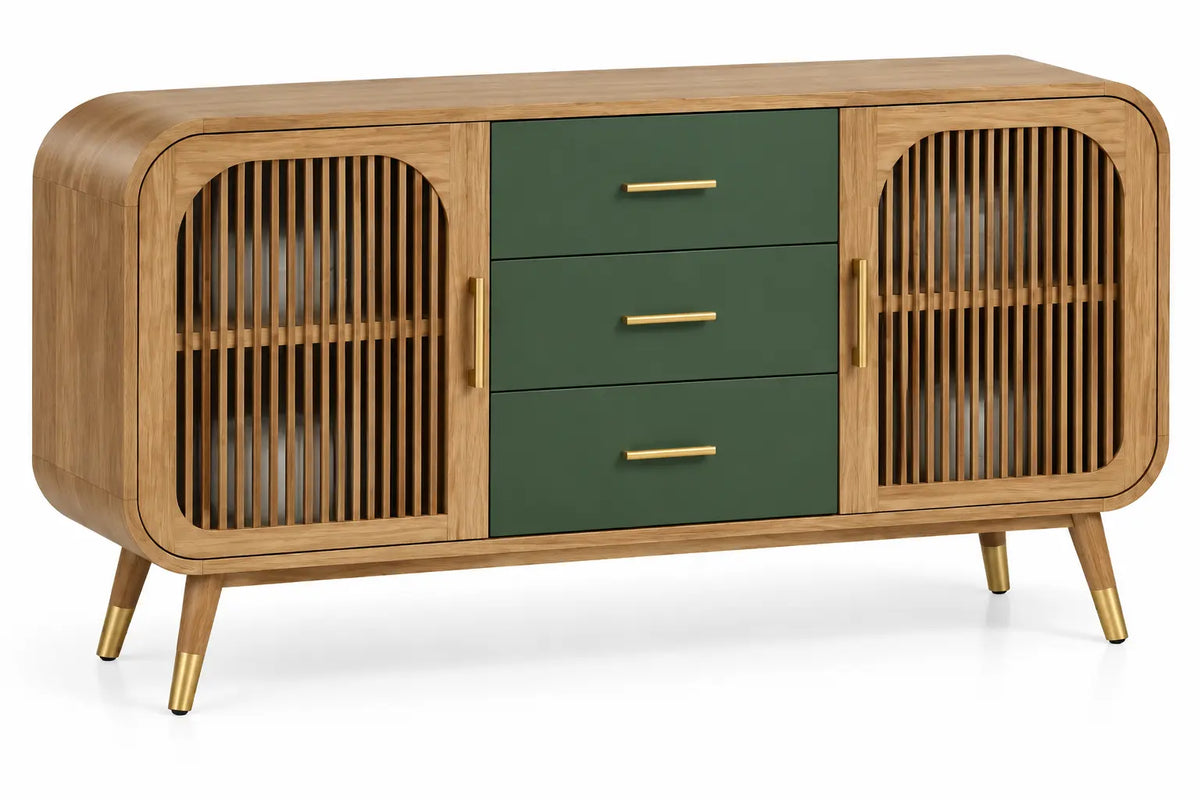 Credenza, ante a listelli e tre cassetti centrali, marrone/verde