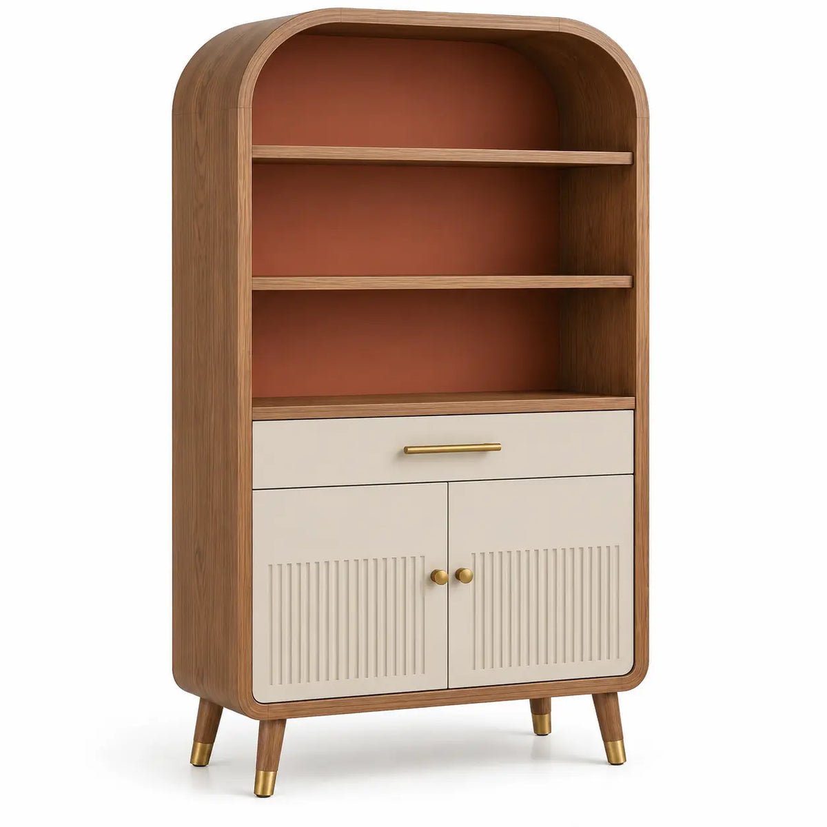 Libreria, profilo arrotondato e ante inferiori, marrone/rosso/beige