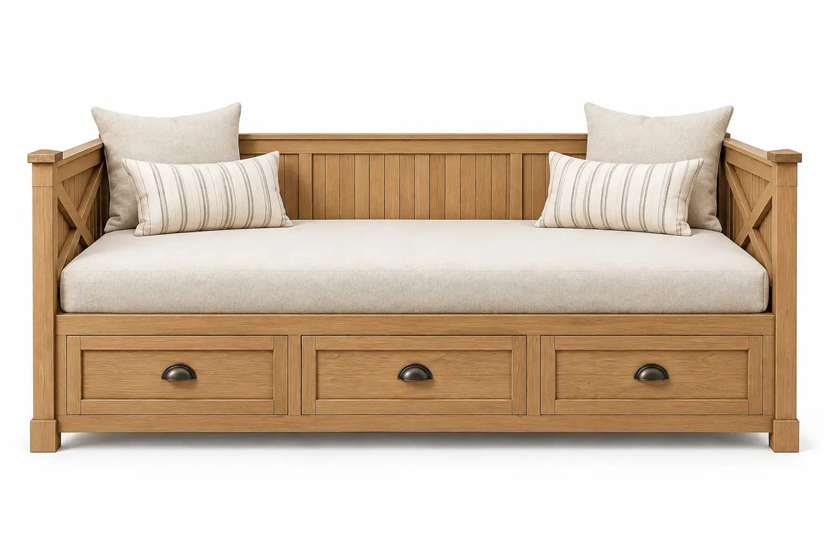 Panca, schienale a listelli e tre cassetti inferiori, marrone/beige