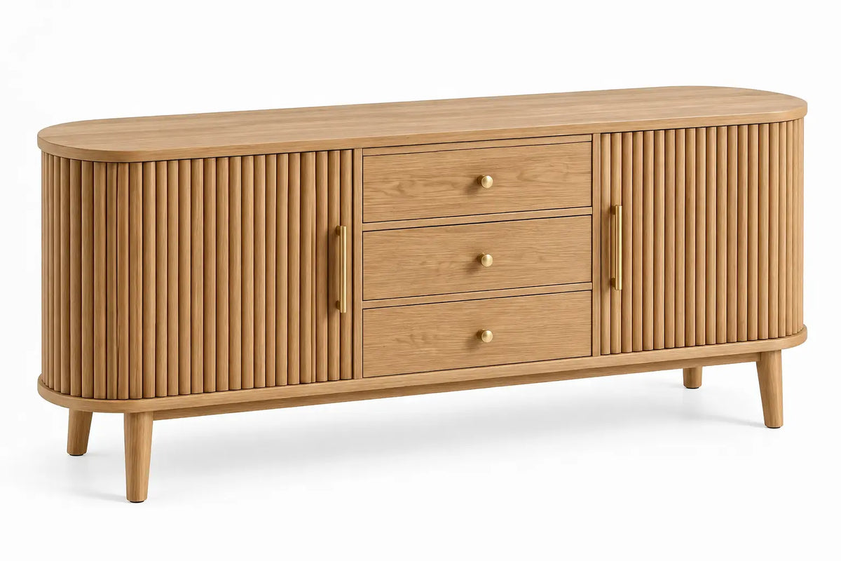 Credenza, ante scanalate e tre cassetti centrali, marrone