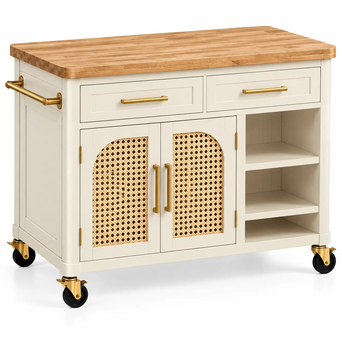 Carrello da cucina, ante intrecciate e ripiani laterali su ruote, beige/marrone